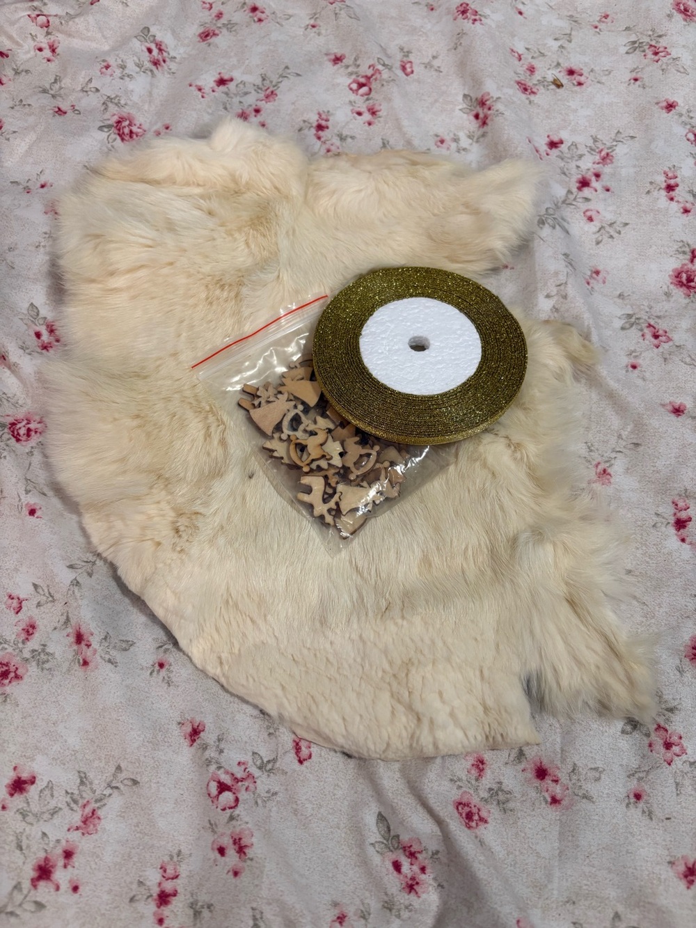 Rabbit Pelt, Wooden Mini Ornaments, Gold Ribbon Spool - Craft supplies